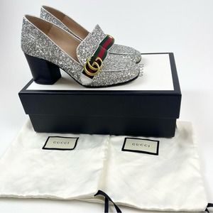 Gucci Marmont Loafers Peyton Block Heel Glitter Silver GG logo EU 37 US 7